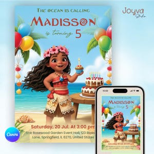 Baby Moana Geburtstagseinladung, bearbeitbare digitale Hawaiian Moana Geburtstag einladen, Kinder Thema Party Einladung, digitale Baby Moana Vorlage