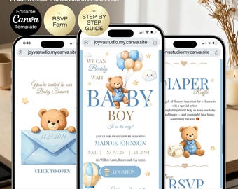 Baby Shower Invitation Website Template | We can bearly wait Boy Blue Teddy Bear Invite | Editable Digital Canva Invite | RSVP Website
