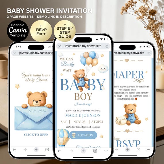 Baby Shower Invitation Website Template | We can bearly wait Boy Blue Teddy Bear Invite | Editable Digital Canva Invite | RSVP Website