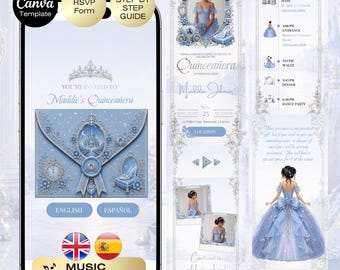 Quinceañera Cinderella Invitation with RSVP | Royal Sweet 16 Website Editable Trackable RSVP & Countdown Baby blue English Spanish