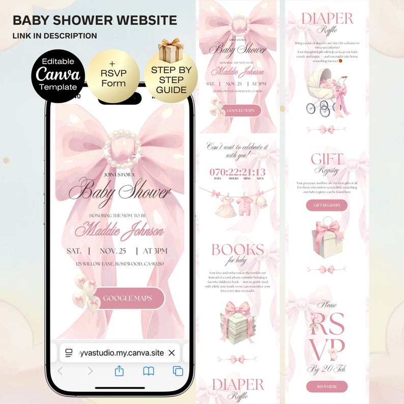 Pink Bow Baby Shower Invitation Editable Template Website with RSVP | Pink Coquette Baby Shower Invitation |Digital Instant download Website image 2