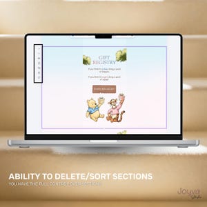 May include: A laptop displays a baby gift registry webpage with Winnie the Pooh and Tigger illustrations. The page includes the text "GIFT REGISTRY" and "BABY REGISTRY". The screen also shows the text "ABILITY TO DELETE/SORT SECTIONS".