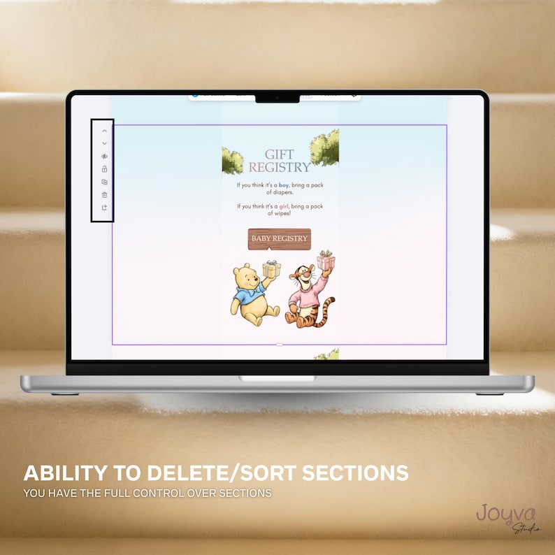 May include: A laptop displays a baby gift registry webpage with Winnie the Pooh and Tigger illustrations. The page includes the text "GIFT REGISTRY" and "BABY REGISTRY". The screen also shows the text "ABILITY TO DELETE/SORT SECTIONS".