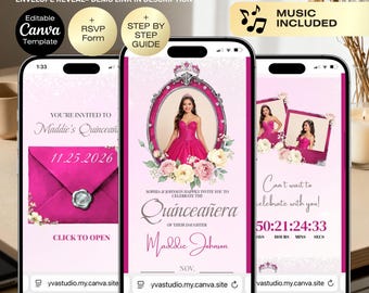 キンセアネーラ招待状ウェブサイト + RSVPトラッカー | 編集可能なホットピンクのスイート16招待状、ミス・キンセ・アノス15歳の誕生日キンセアネーラ招待状