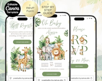 Safari Baby Shower Invitation Website + RSVP, Editable Jungle Animals Invite, Gender Neutral Safari Invite Template, Jungle Animals Safari