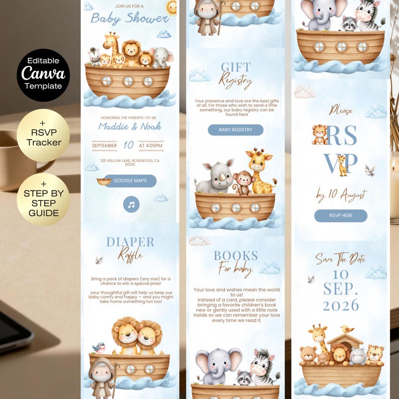 Noah's ark baby shower invitation website with RSVP tracker | Editable Safari Animals Baby Shower Invite | Little Miracle Boy Baby Shower image 2