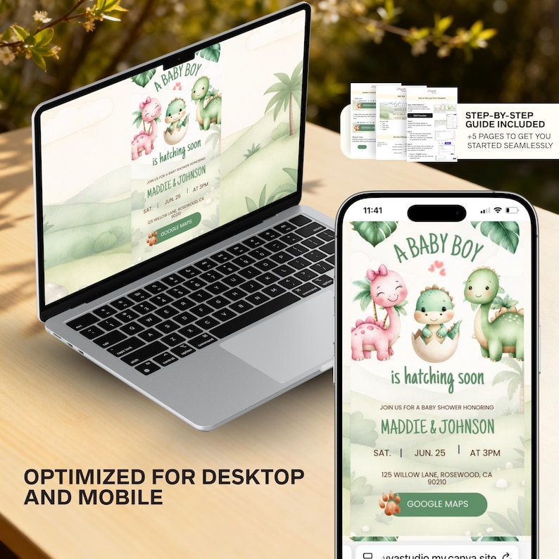 Dinosaur Baby Shower Invitation website with RSVP Tracker | A little Dino Baby Shower Invite | Digital Baby Shower Baby Boy Hatching soon image 4