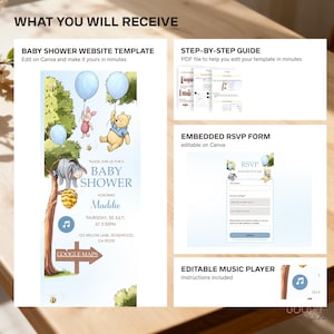 May include: A baby shower website template with Winnie the Pooh characters, balloons, and the text "Baby Shower". Includes a step-by-step guide, an embedded RSVP form, and an editable music player. The invitation is for Maddie.