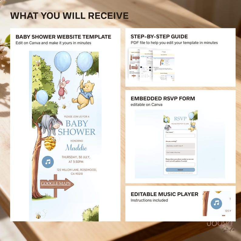 May include: A baby shower website template with Winnie the Pooh characters, balloons, and the text "Baby Shower". Includes a step-by-step guide, an embedded RSVP form, and an editable music player. The invitation is for Maddie.