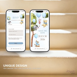 May include: Two smartphones displaying Winnie the Pooh-themed designs. One shows an RSVP form with text fields and a submit button. The other features a "Save the Date" announcement for July 30, 2026, with illustrations of Pooh and friends. The background is a light blue.