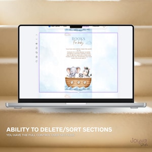 May include: A laptop displays a baby shower invitation design. The invitation features the text "BOOKS For baby" with an illustration of an elephant, zebra, and a puppy in a wooden boat. The design has a watercolor background with soft blue hues.