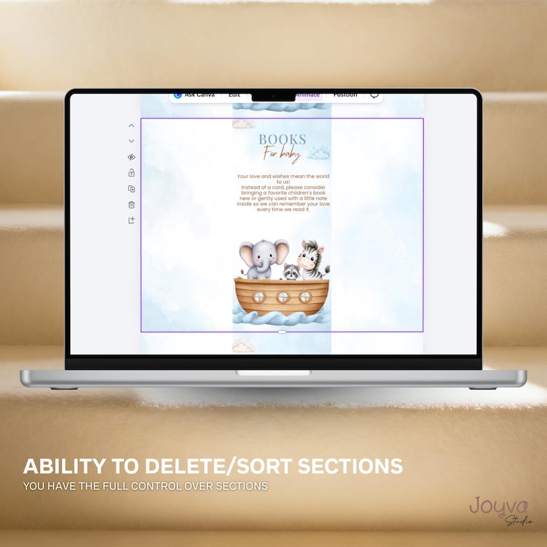 May include: A laptop displays a baby shower invitation design. The invitation features the text "BOOKS For baby" with an illustration of an elephant, zebra, and a puppy in a wooden boat. The design has a watercolor background with soft blue hues.