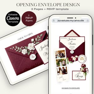 Op de afbeelding: Digitaal trouwkaartontwerp met een bordeauxrode envelop met bloemendetails en een witte kaart. Het ontwerp bevat een Canva-sjabloon, een RSVP-formulier en een mobiele telefoonweergave met huwelijksdetails.