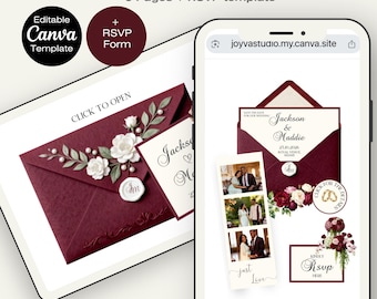 Burgundy Wedding Website Floral - Digital Website Editable Rsvp Burgundy White Floral Pink Green Invitation Canva Template