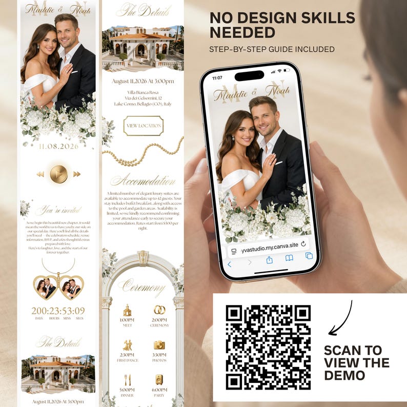 May include: A wedding invitation design featuring a couple's photo, event details, and a QR code. The design includes floral accents, gold text, and the text "NO DESIGN SKILLS NEEDED STEP-BY-STEP GUIDE INCLUDED".
