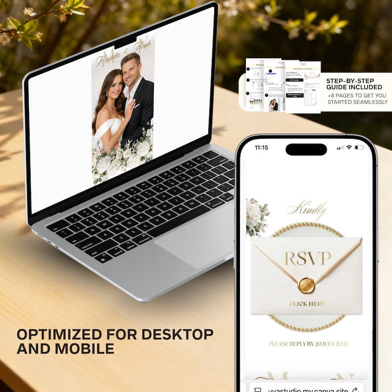 May include: A laptop and smartphone displaying wedding invitation designs. The laptop shows a photo of a couple, while the phone features an RSVP card. Text on the screen reads "Optimized for Desktop and Mobile". A step-by-step guide is also included.