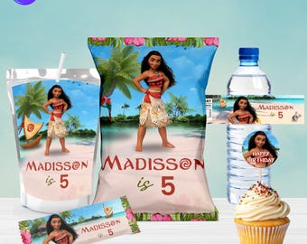 Moana Birthday Party Favors Bundle | Editable Digital Download | Chip Bags, Juice Labels, Water Bottles & More | Girl Birthday Party Decor