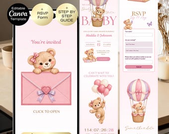 We Can Bearly Wait Baby Shower Website Invitation | Teddy Bear Baby Shower Invite Template | Editable Canva Invitation with RSVP | Girl Baby