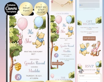 Winnie Pooh Gender Reveal Invitation Website with RSVP | He or She | Gender neutral Invitation Theme | Digital Download | Bear Baby shower
