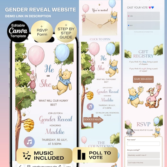 Winnie Pooh Gender Reveal Invitation Website with RSVP | He or She | Gender neutral Invitation Theme | Digital Download | Bear Baby shower