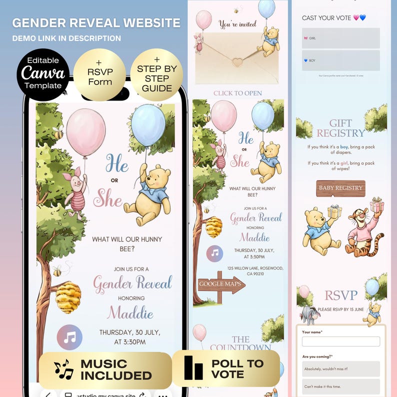 May include: A digital gender reveal invitation template featuring Winnie the Pooh characters. The design includes pink and blue balloons, the text "He or She," and details for the event. The invitation also includes RSVP and gift registry options.
