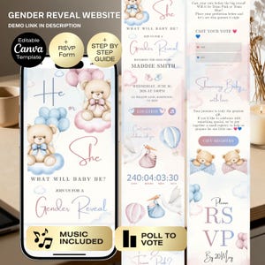Puede incluir: Una plantilla de sitio web digital para revelar el género, mostrada en un teléfono inteligente. El diseño presenta osos de peluche, globos y el texto "He or She". Incluye botones de RSVP y una guía paso a paso, y una función de "Votar". El sitio web es para una fiesta de revelación de género.