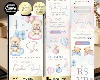 Gender Reveal Invitation website + RSVP | He or She Gender Reveal | Blue Pink baby shower | Balloons Cloud Teddy bear theme with voting