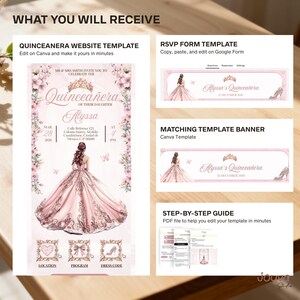 May include: A Quincea&ntilde;era website template, RSVP form, and banner are shown. The main template features a pink gown illustration with event details. The text reads "Quincea&ntilde;era of their daughter Alyssa" with the date and location. The image also includes a step-by-step guide.