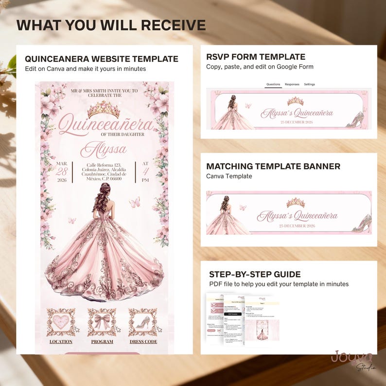 May include: A Quincea&ntilde;era website template, RSVP form, and banner are shown. The main template features a pink gown illustration with event details. The text reads "Quincea&ntilde;era of their daughter Alyssa" with the date and location. The image also includes a step-by-step guide.