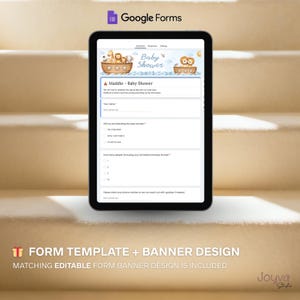 May include: A black tablet displays a Google Forms baby shower invitation. The form includes fields for name, attendance, and number of guests. The banner design features animal illustrations. Text at the bottom reads "FORM TEMPLATE + BANNER DESIGN".