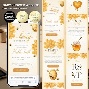 Può includere: Un design di sito web per baby shower su smartphone, a tema ape. Il design include il testo "A Little Honey is on the Way" e i dettagli per il baby shower di Maddie Smith, con un grafico a nido d'ape e ape.