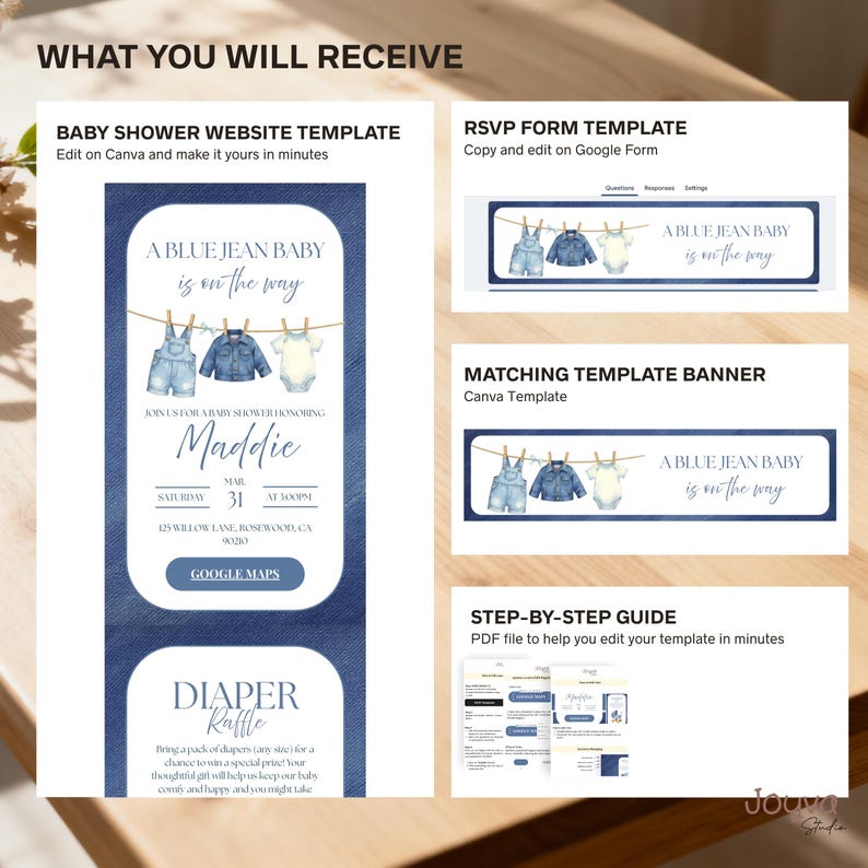 May include: A digital baby shower template set with a denim theme. Includes a website template, RSVP form, banner, and step-by-step guide. The design features watercolor illustrations of baby clothes and the phrase "A Blue Jean Baby is on the way."