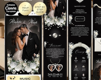 Wedding Invitation Website Canva Template with RSVP | Black White Wedding Website | Elegant invite | Old Money Silver Wedding with music