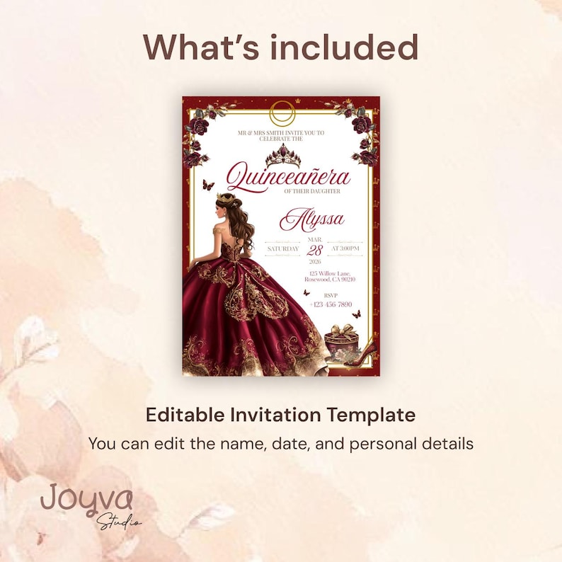 May include: A burgundy Quincea&ntilde;era invitation template with gold accents and floral borders. The invitation features an illustration of a woman in a ball gown and includes the text "Quincea&ntilde;era", "Alyssa", and "Editable Invitation Template".