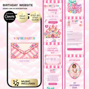 May include: An editable digital birthday website template featuring a candy-themed design with pink clouds, a castle, lollipops, and gift boxes. The layout includes sections for an invitation, RSVP form, countdown timer, gift registry, and photo gallery.