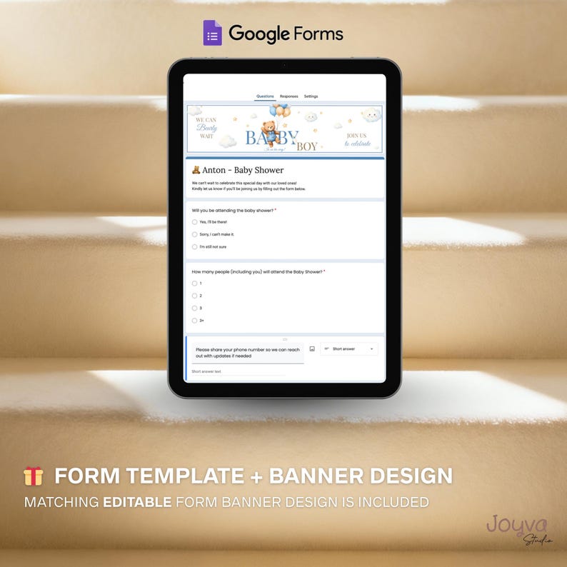May include: A digital tablet displays a Google Forms baby shower invitation template. The form includes fields for responses and a banner design with the text "BABY BOY". The image also includes the text "FORM TEMPLATE + BANNER DESIGN".