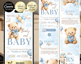 We can bearly wait baby shower invitation website with RSVP tracker | Editable Boy Baby Shower Invite | Blue Teddy bear Baby Shower