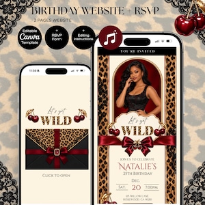 May include: A digital birthday website template for mobile phones featuring a leopard print and black colour scheme with red cherry accents. The design includes text reading Let's get WILD, Natalie's 25th Birthday, and RSVP details on a two-page layout.