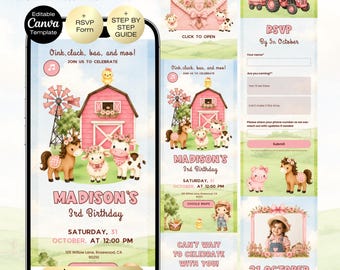 Pink Farm Birthday Invitation website with RSVP | Barnyard Animals Birthday Party | Girl Farm First birthday invitation Canva | Cute Farm