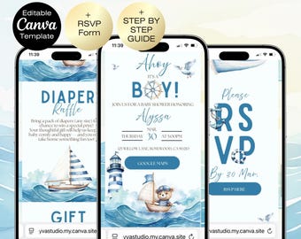 Ahoy It's A Boy Invitation Website with RSVP, Boy Baby Shower Invitation, Editable Nautical Baby Digital Invite, Blue Baby Sailor website