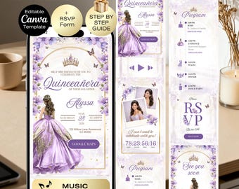 Quinceañera Invitation Website | 15th Birthday Canva Template | Digital Quince Website | RSVP Tracker | Purple Lavender Quinceanera Invite