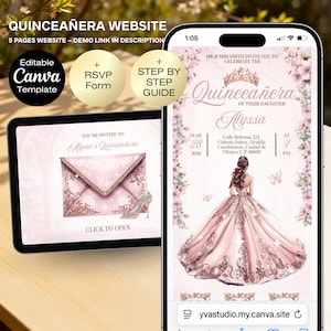 Rose Gold Quinceañera Invite Quinceañera Invitation Website | Editable 15th Birthday Canva Template | Digital Quince Website| RSVP Tracker