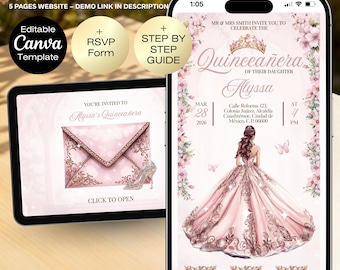 Quinceañera Invitation Website | Editable 15th Birthday Canva Template | Digital Quince Website| RSVP Tracker | Rose Gold Quinceañera Invite
