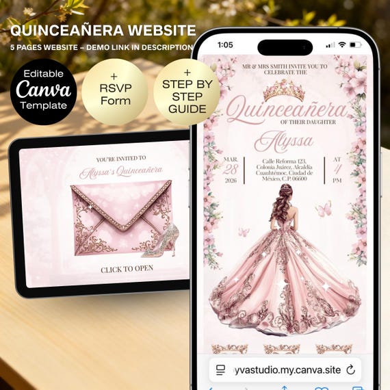 Quinceañera Invitation Website | Editable 15th Birthday Canva Template | Digital Quince Website| RSVP Tracker | Rose Gold Quinceañera Invite