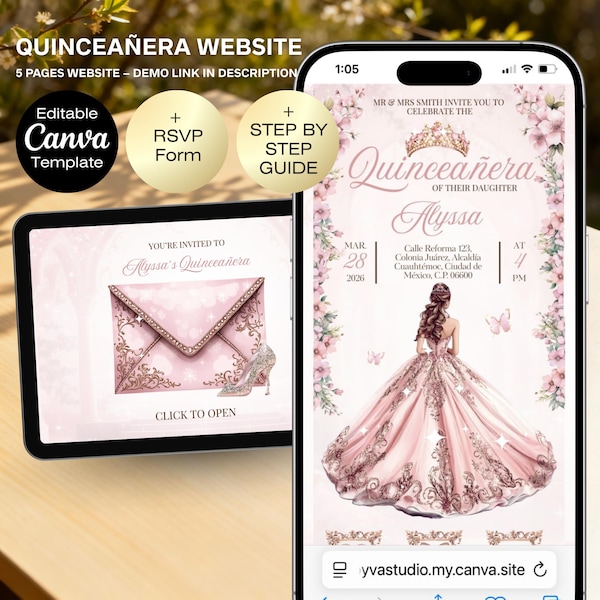 Quinceaña Einladung Webseite | Bearbeitbare 15. Geburtstag Canva Vorlage | Digital Quitte Webseite| Antwort-Tracker | Rose Gold Quinceañar Einladen
