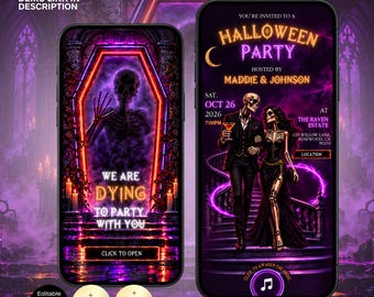 Neon Halloween Party Invitation website with music RSVP | Purple & Orange Spooky Halloween Party | Adult We are dying to party with you
