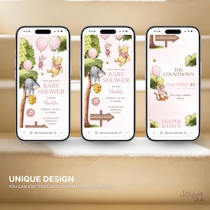 May include: Three smartphones showing baby shower invitations with Winnie the Pooh characters. The invitations have pink and brown colour schemes, with text including the baby's name, date, and time. The bottom of the image has the text "UNIQUE DESIGN".