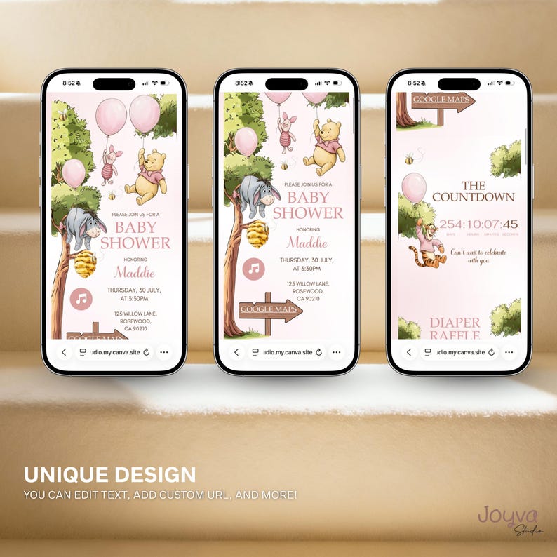 May include: Three smartphones showing baby shower invitations with Winnie the Pooh characters. The invitations have pink and brown colour schemes, with text including the baby's name, date, and time. The bottom of the image has the text "UNIQUE DESIGN".