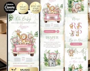 Pink Safari Baby Shower Invitation Website + RSVP, Jungle Animals Invite, Girl Safari Invite Template, A little wild one is on her way
