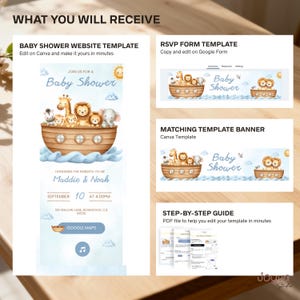 May include: A baby shower website template, RSVP form template, and matching banner are shown. The baby shower theme features a wooden ark with animal illustrations. The invitation includes the text "Baby Shower" and details for Maddie & Noah.